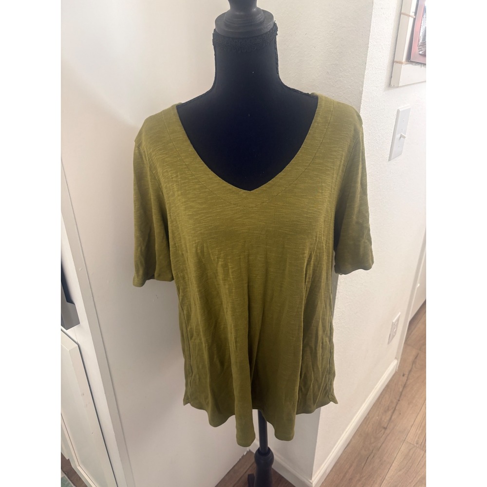 J. Jill Pima Cotton V-Neck A-Line Tee Olive Green Short Sleeve Top Large
